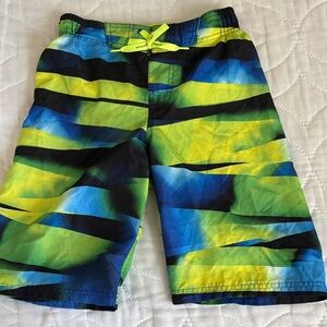 ZeroXposur Boys Neon Green Blue Black Stripe Swim Shorts